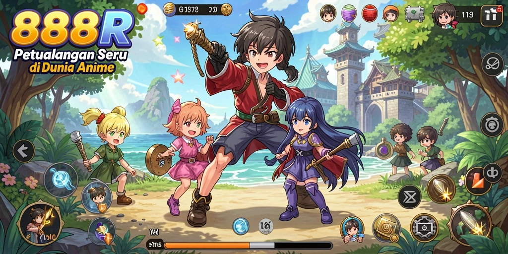Screenshot gameplay 888R yang menampilkan karakter anime dalam pertempuran seru.