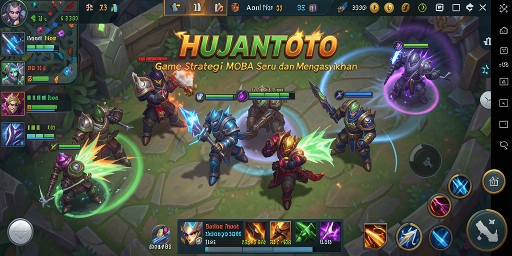 Tampilan seru gameplay MOBA HUJANTOTO dengan aksi pahlawan.