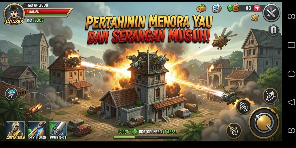 Screenshot gameplay JAYA388 yang menunjukkan pertahanan menara yang intens.