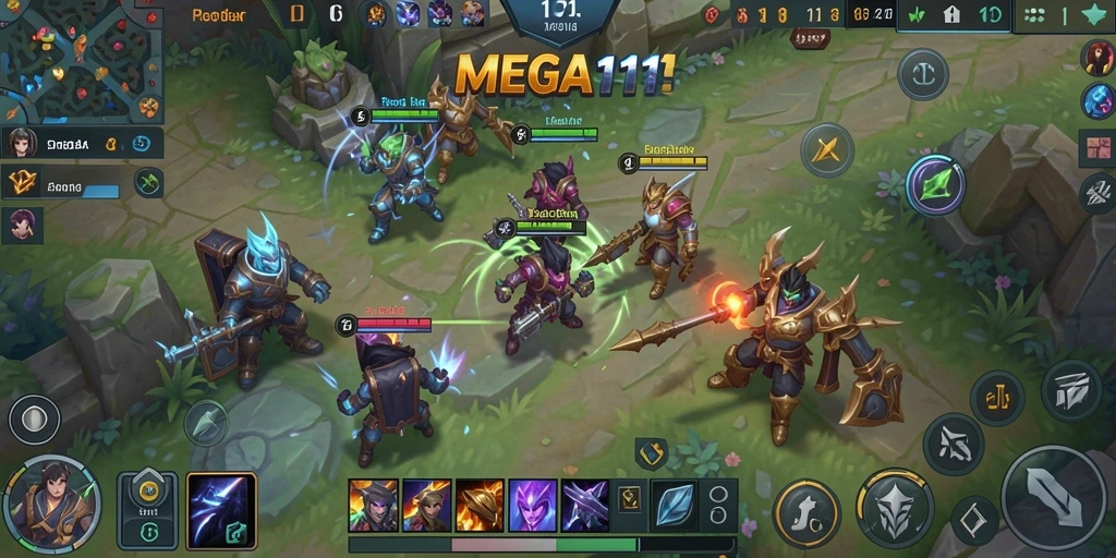 Screenshot gameplay MEGA111 menampilkan aksi pertarungan tim yang mendebarkan.