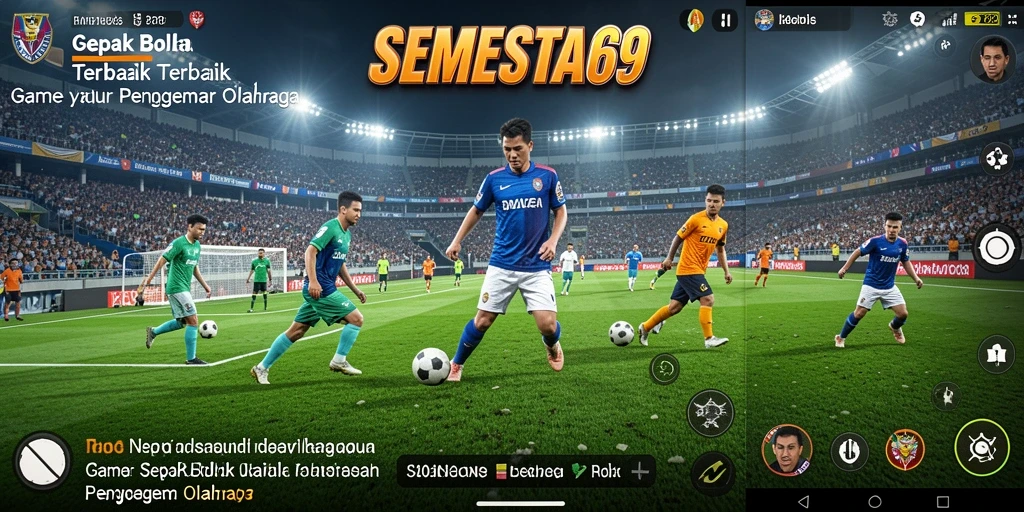 Screenshot gameplay dari SEMESTA69 yang menunjukkan aksi pertandingan sepak bola.