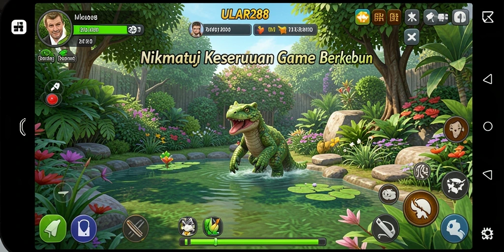 Tampilan gameplay ULAR288 yang menampilkan kebun yang indah dan interaksi sosial.