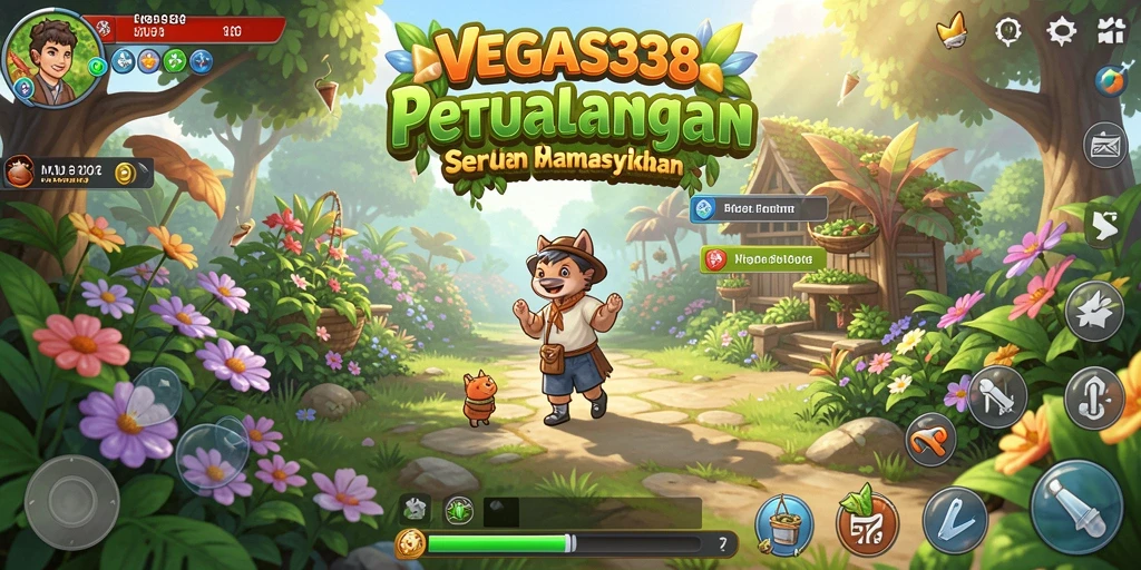 Screenshot gameplay VEGAS338 menampilkan kebun yang subur dan hewan ternak.